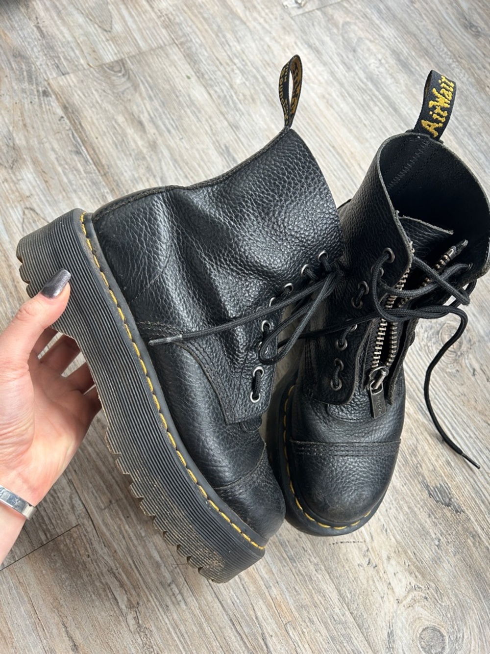 Dr. Martens Black Leather Platform Lace-Up Combat Boots with Yellow Stitching